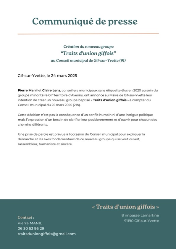 Traits d'union giffois - Communiqué de presse 2025-001