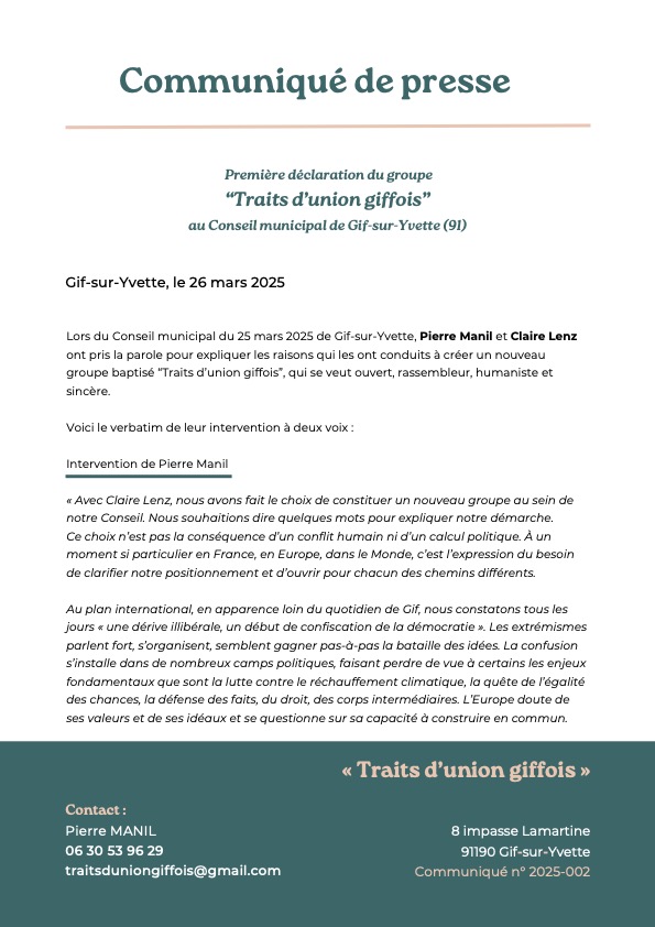 Traits d'union giffois - Communiqué de presse 2025-002